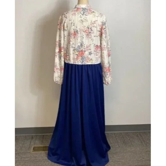 Vintage Maxi Dress Floral Bodice Blue Skirt Homemade XL - Picture 2 of 5
